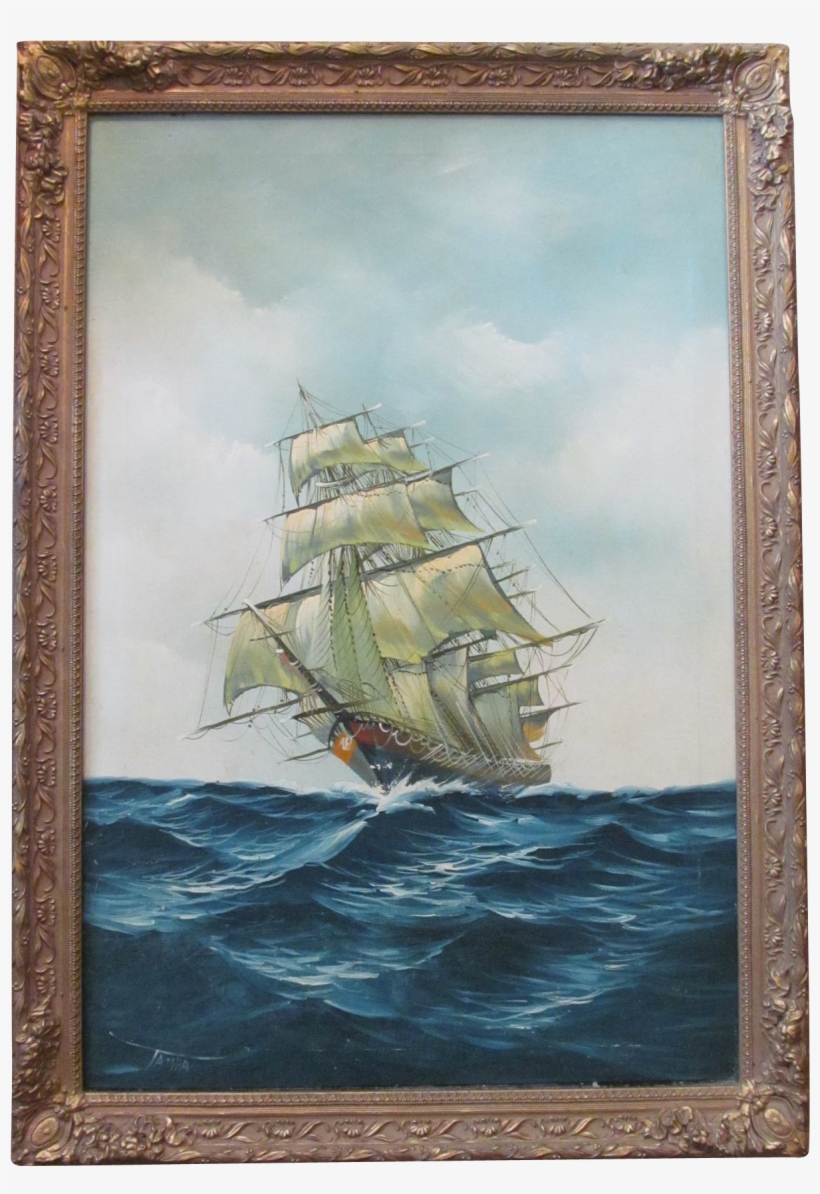 Oil On Canvas Clipper Ship On The Sea Signed @rubylanecom - Ship On A Sea, transparent png