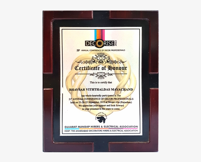 Certificate Of Honoure Given By Sundaram Carpets Awarded - Picture Frame, transparent png