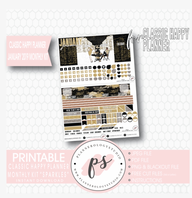 Sparkles New Years January 2019 Monthly View Kit Digital - Happy Planner January 2018 Printable, transparent png