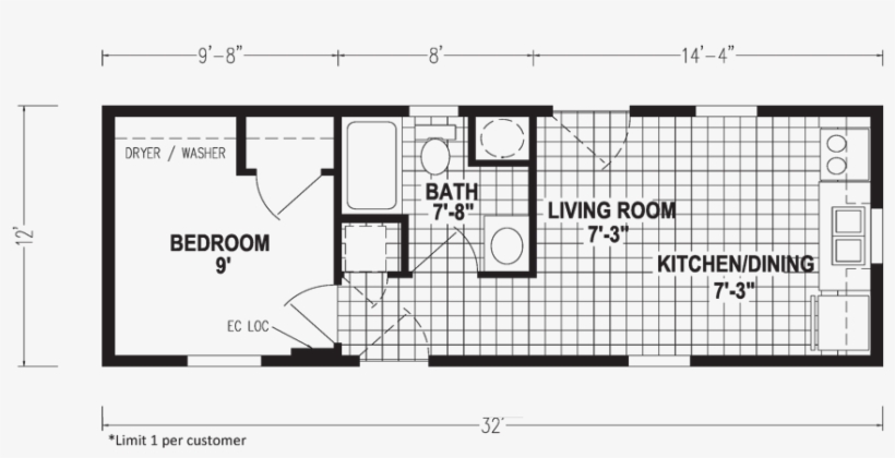 1 Bedroom Mobile Home Micro 12 X 32 384 Sqft Factory - 8 X 32 Mobile Home, transparent png