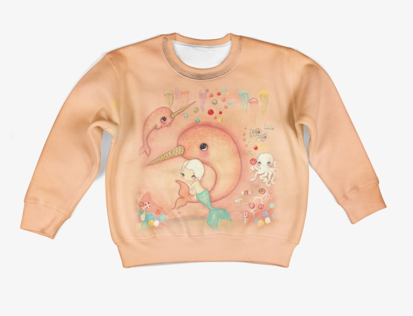 3d Cute Mermaid With Fish Kid Full Print Hoodie T Shirt - Flamingo, transparent png
