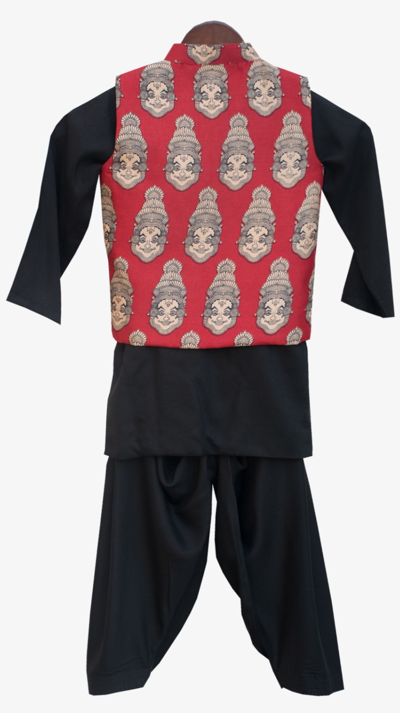 Red Printed Nehru Jacket With Black Kurta & Salwar - Costume, transparent png