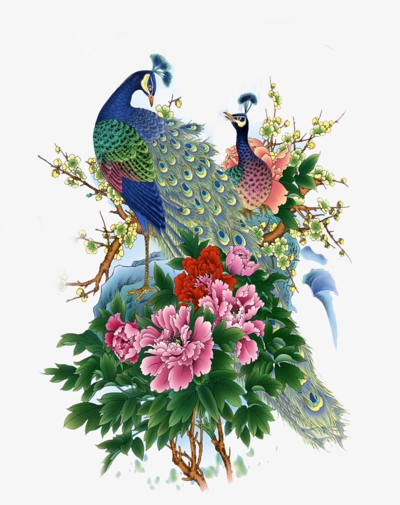 Bird Clipart, Png Format, Peonies, Peacock, Clip Art, - Paintings Of Birds And Flowers, transparent png