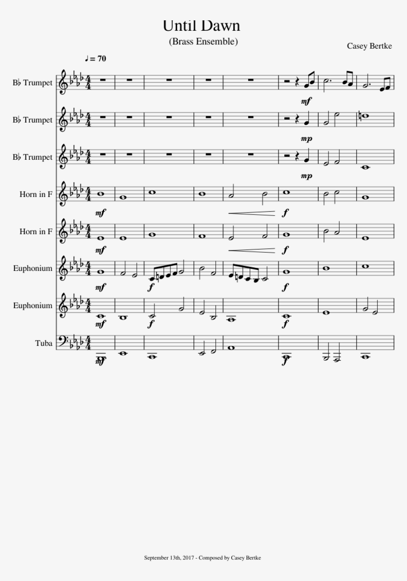Until Dawn Sheet Music For Trumpet, French Horn, Trombone, - Sheet Music, transparent png