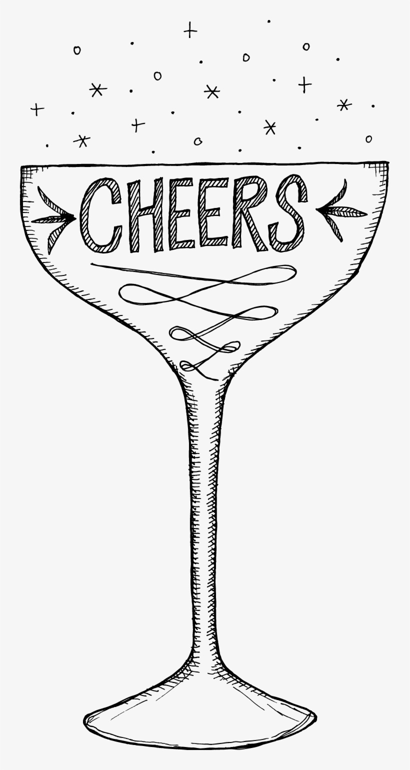 Hand Drawn, Doodle Style Champagne Glass With Cheers - Champagne Stemware, transparent png