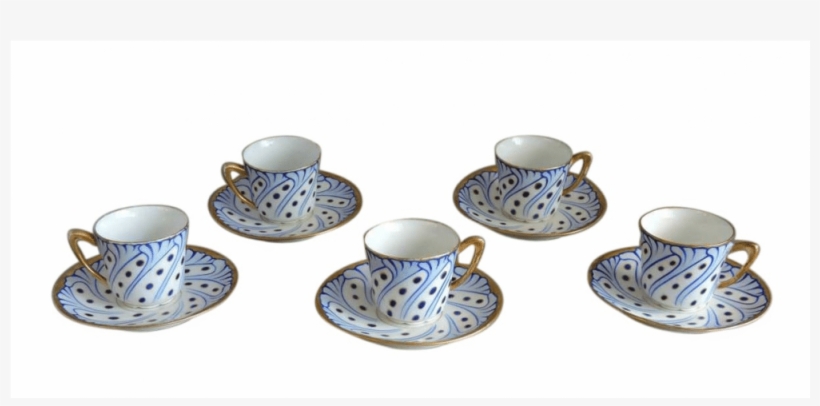 Set Of 5- French Limoges Tea Cups & Saucers C - Blue And White Porcelain, transparent png