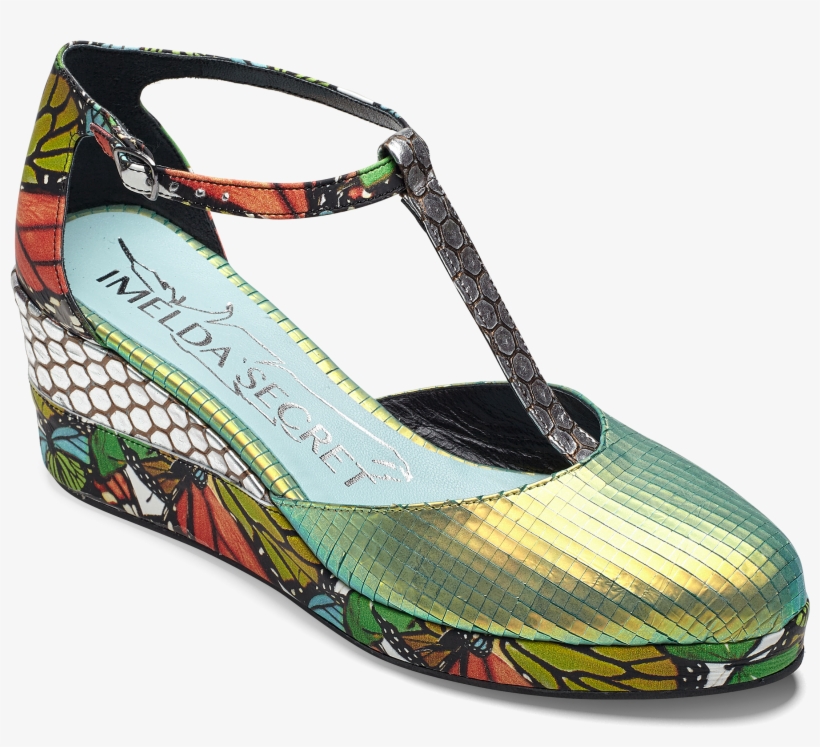 Woman T-strap Wedges In Lime Green Metallic Engraved, transparent png