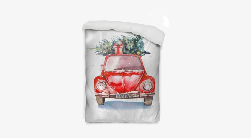 Watercolor Retro Car With Gift Box And Christmas Tree - Watercolor Christmas Tree Png, transparent png