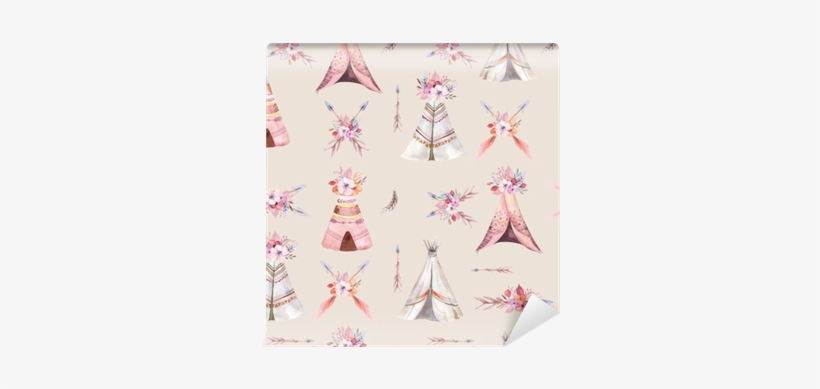 Hand Drawn Watercolor Tribal Teepee Seamless Pattern, - Tipi, transparent png
