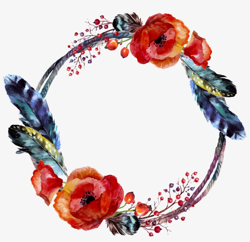 Floral Wreath Watercolor Frame Boho Ftestickers - Flowers And Feathers Png, transparent png