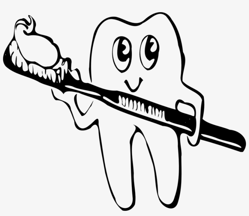 Smiling Tooth Holding A Toothbrush - Tooth Brush Clip Art Black And White, transparent png