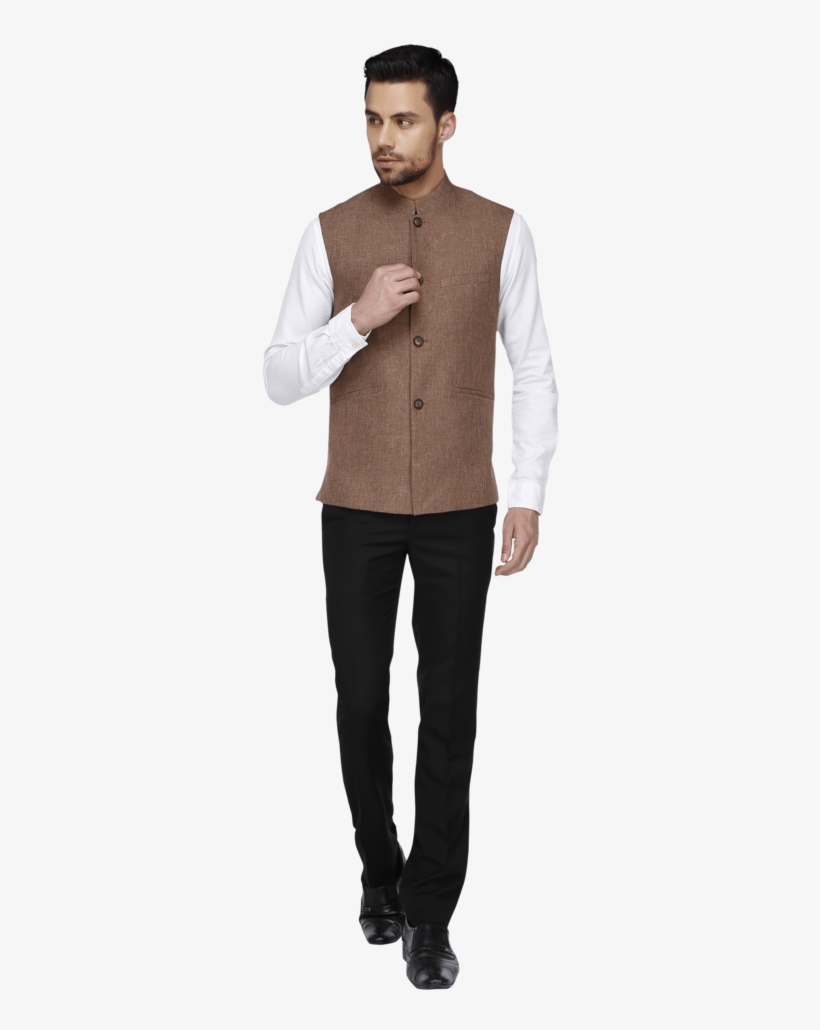 Mens Sleeveless Slim Fit Solid Nehru Jacket - Standing, transparent png