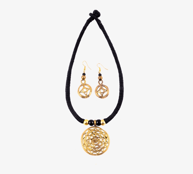Dhokra Black Necklace With Round Golden Pendant - Earrings, transparent png