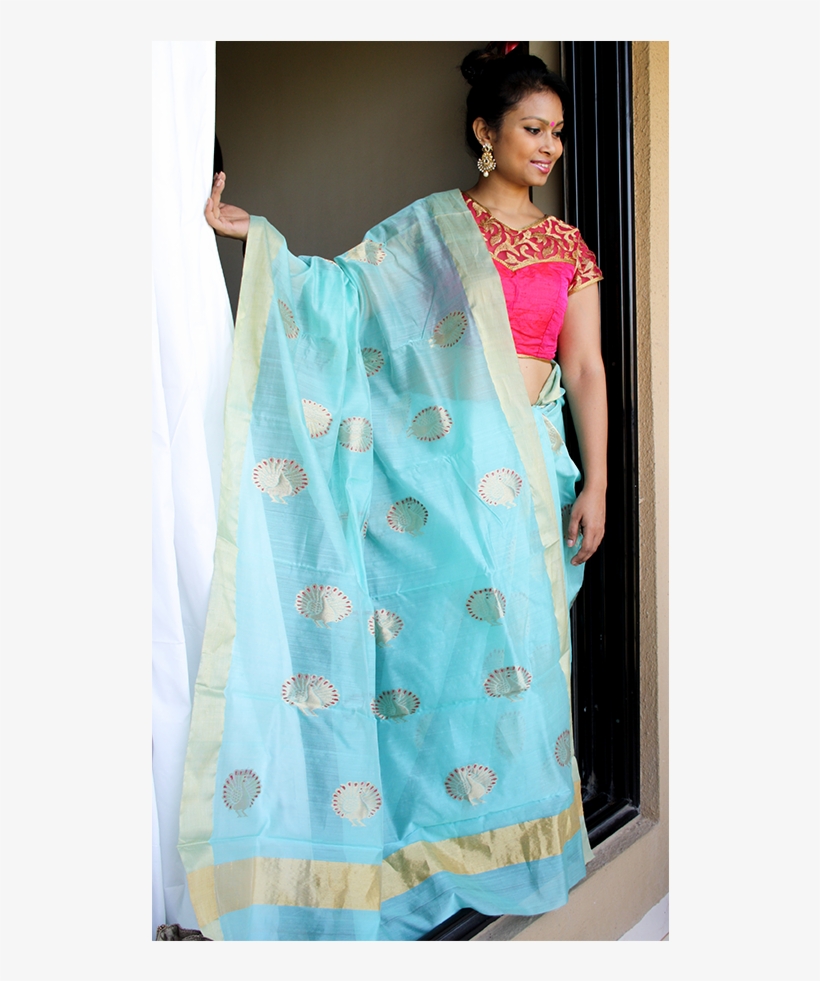 Chanderi Silk Saree In Turquoise With Large Motifs - Silk, transparent png