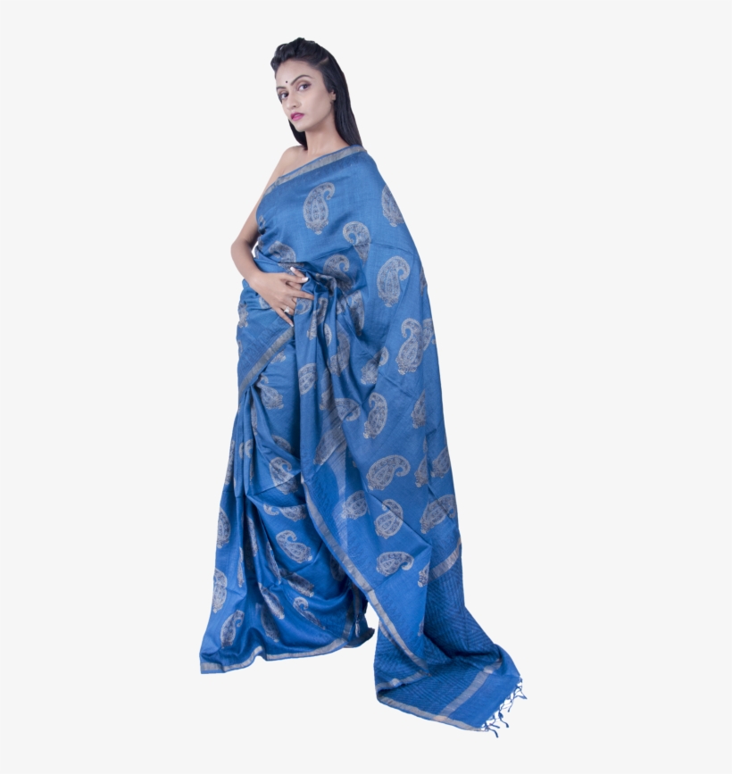 Indigo Blue Tussar Silk Saree - Silk, transparent png