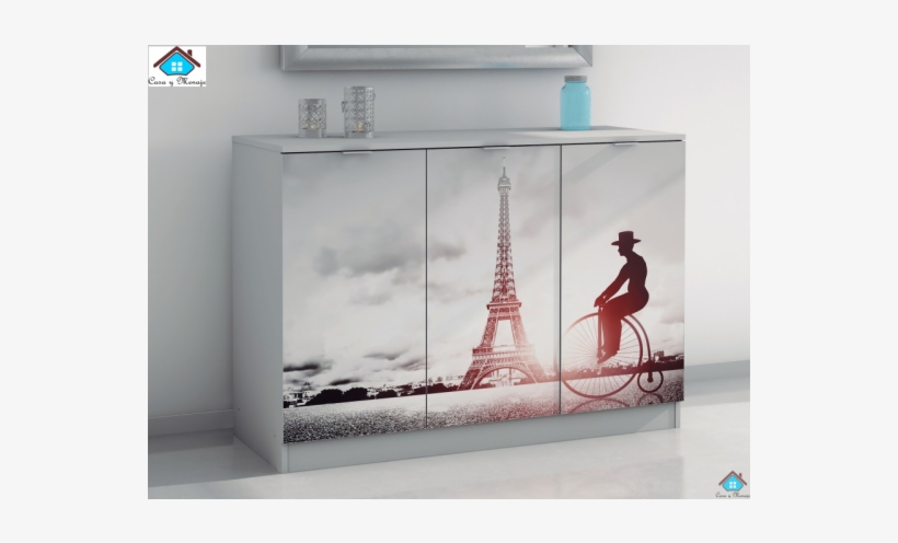 Mueble Aparador Blanco Decorado Imagen De Torre Eiffel - Sz Suárez Wezen 3 Door Sideboard White / Bicycle Paris.120x45x85,9cm, transparent png