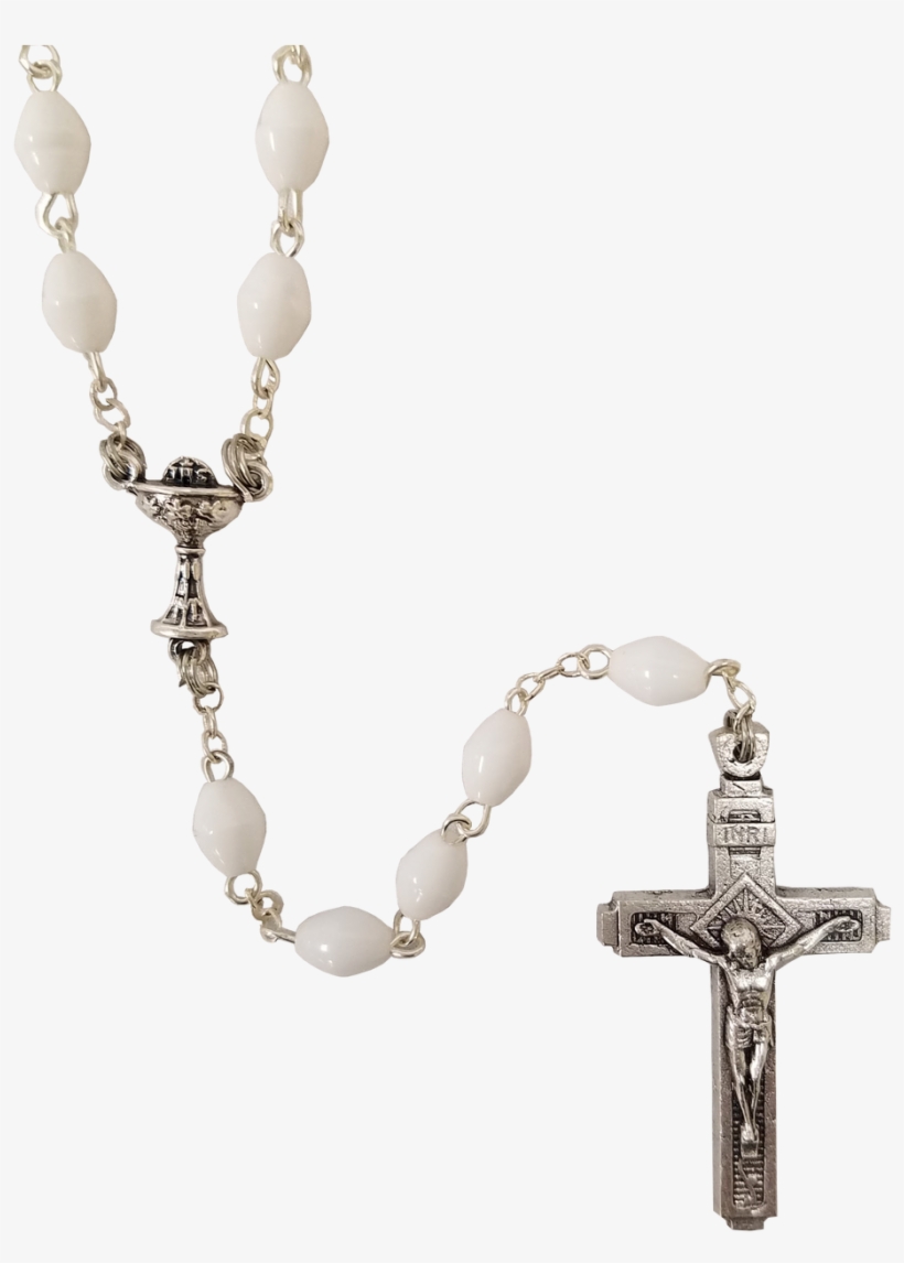 First Communion Simulated White Plastic Oval Rosary - Cross, transparent png