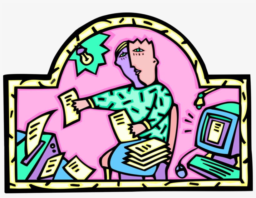 Vector Illustration Of Multitasking Office Worker Printing - Cartoon, transparent png