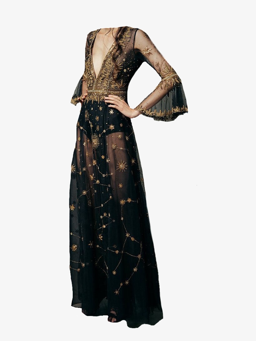Black Gold Dress Gown Polyvore Moodboard Filler - Dress, transparent png