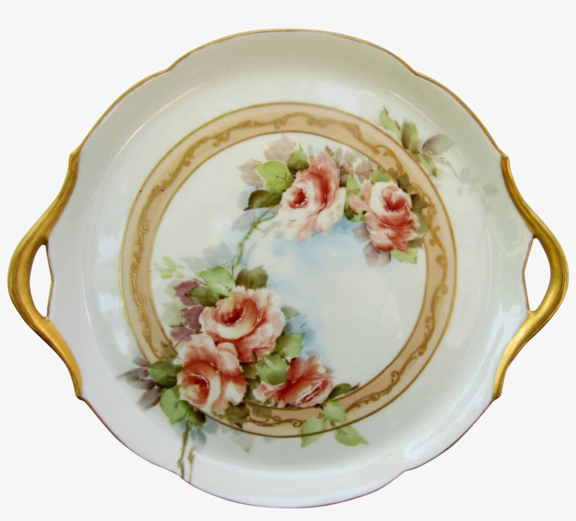 Jean Pouyat Limoges 10 ½” Peach Roses Handled Tray- - Pouyat Limoges Signed Bond, transparent png