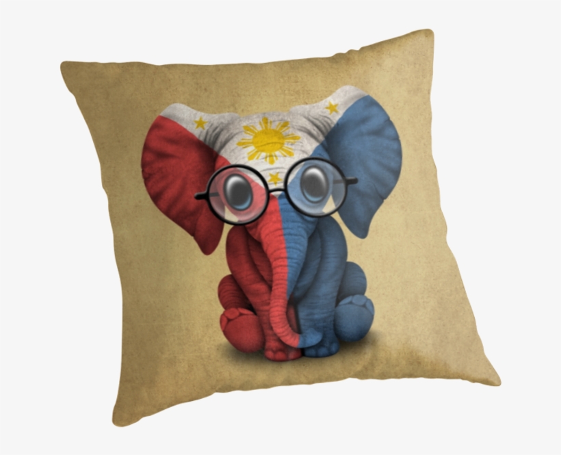Baby Elephant With Glasses And Filipino Flag By Jeff - Throw Pillow, transparent png