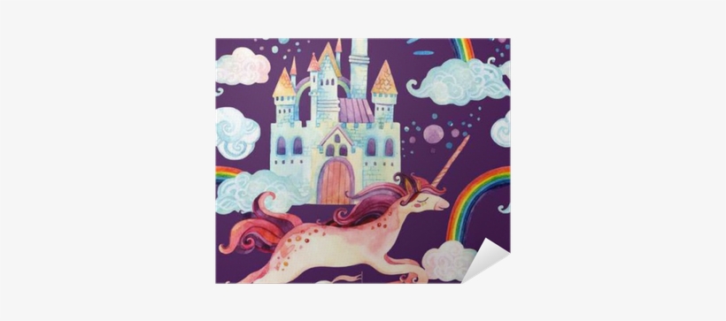 Watercolor Unicorn And Castle Seamless Pattern Poster - Art Print: Tanycya's Watercolor Open Book With Magic, transparent png