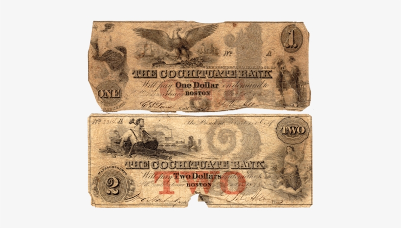 Pair Of 1850s $1 & $2 Cochituate Bank Of Boston, Ma - Massachusetts, transparent png