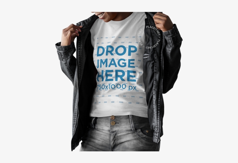 Woman Wearing A Round Neck T-shirt Template And A Leather - Shirt, transparent png