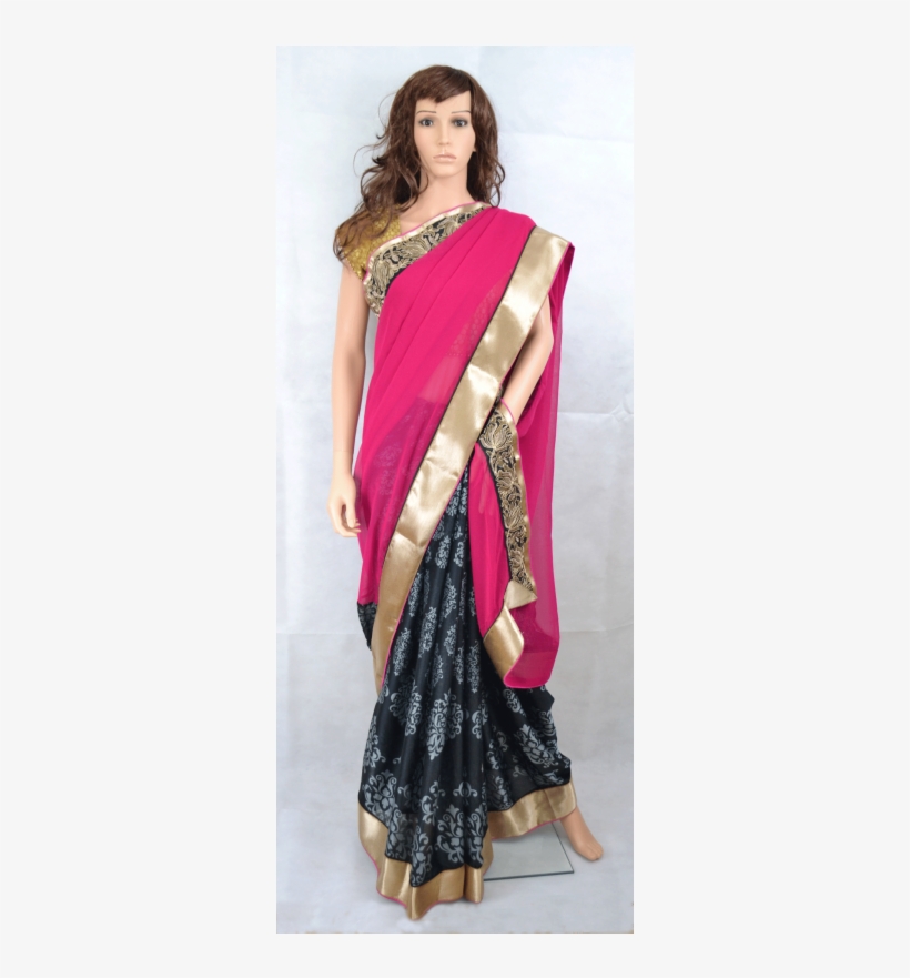 Clip Transparent Pink Black Chiffon Saree With Golden - Velvet, transparent png