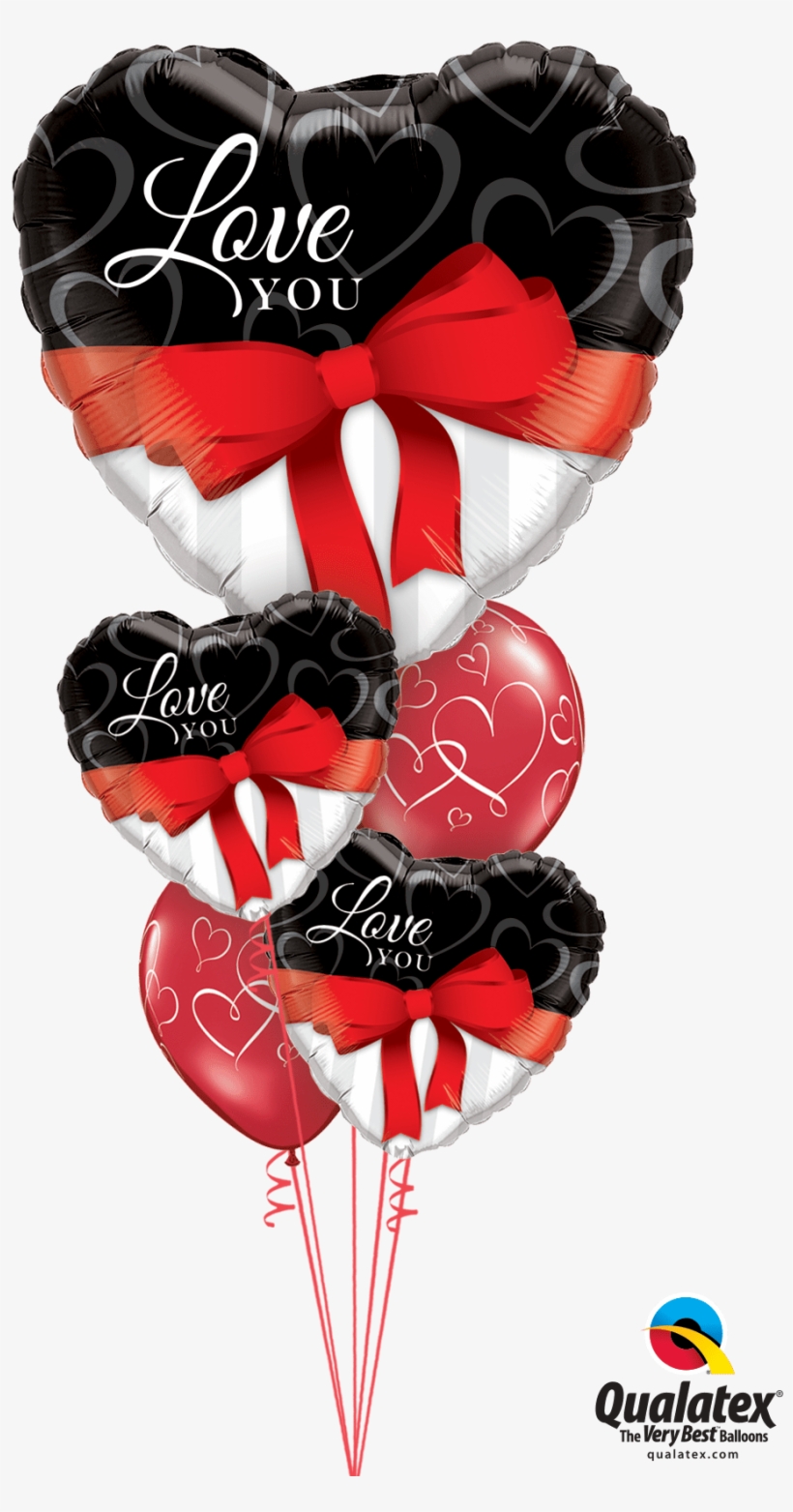 Red Ribbon Love Heart Balloon Bouquet - Valentines Day Balloon Bouquet Qualatex, transparent png
