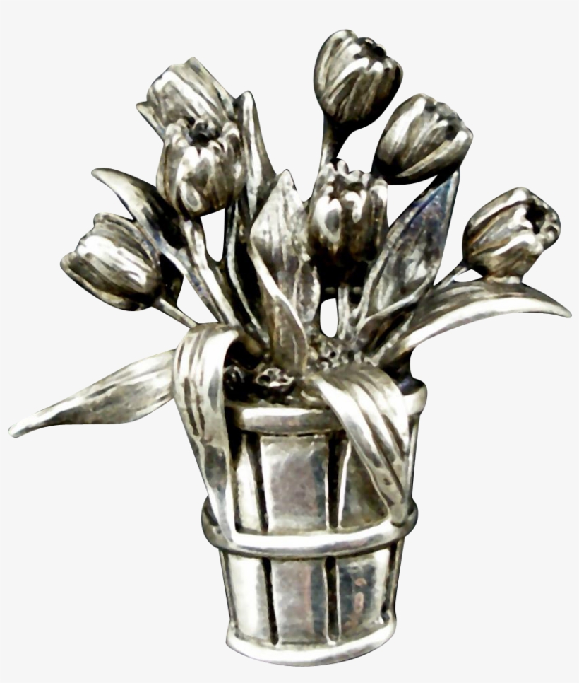 Vintage H&h Sterling Basket Of Tulips Brooch - Tulip, transparent png