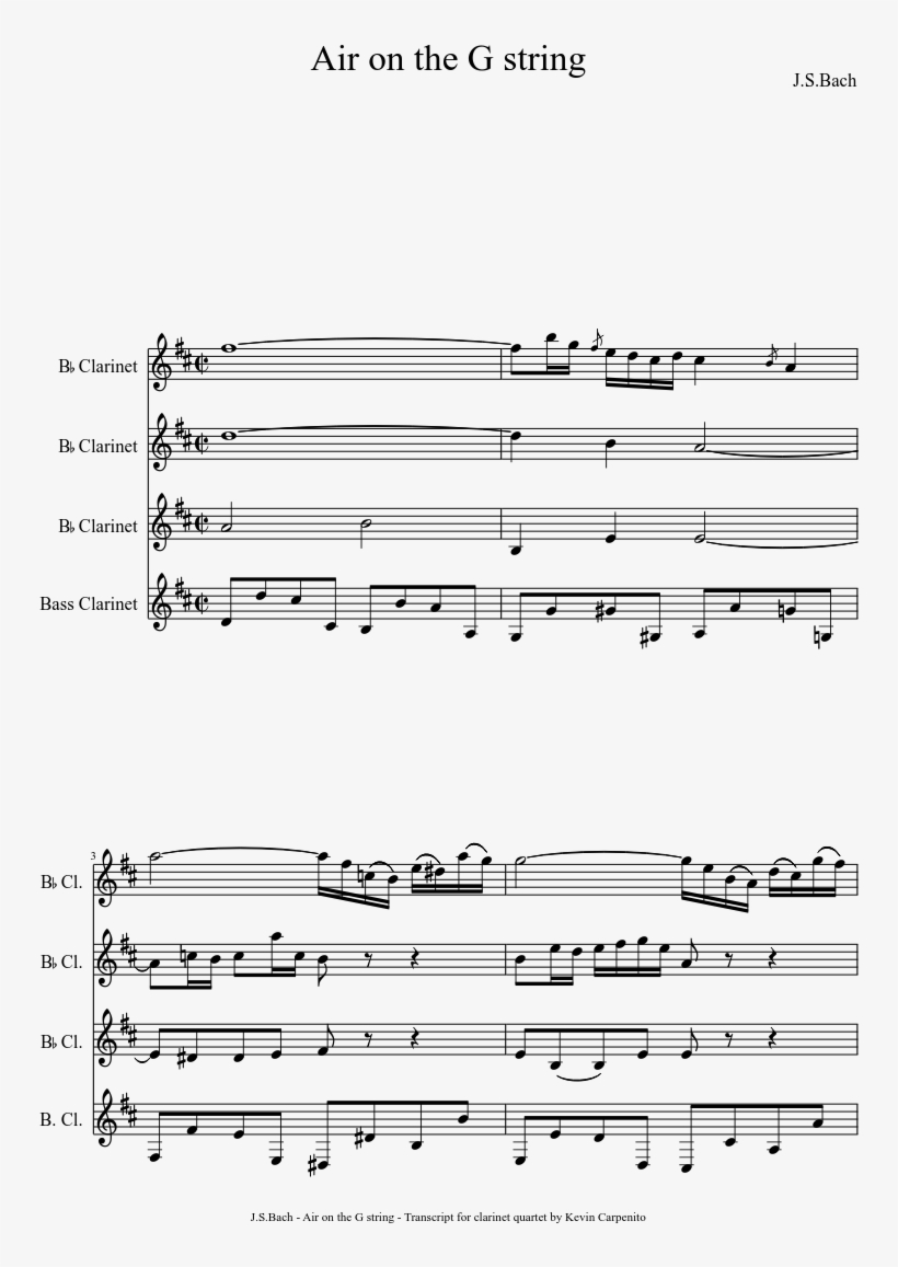 Air On The G String For Clarinet Quartet - Bach Air On The G String Clarinet, transparent png