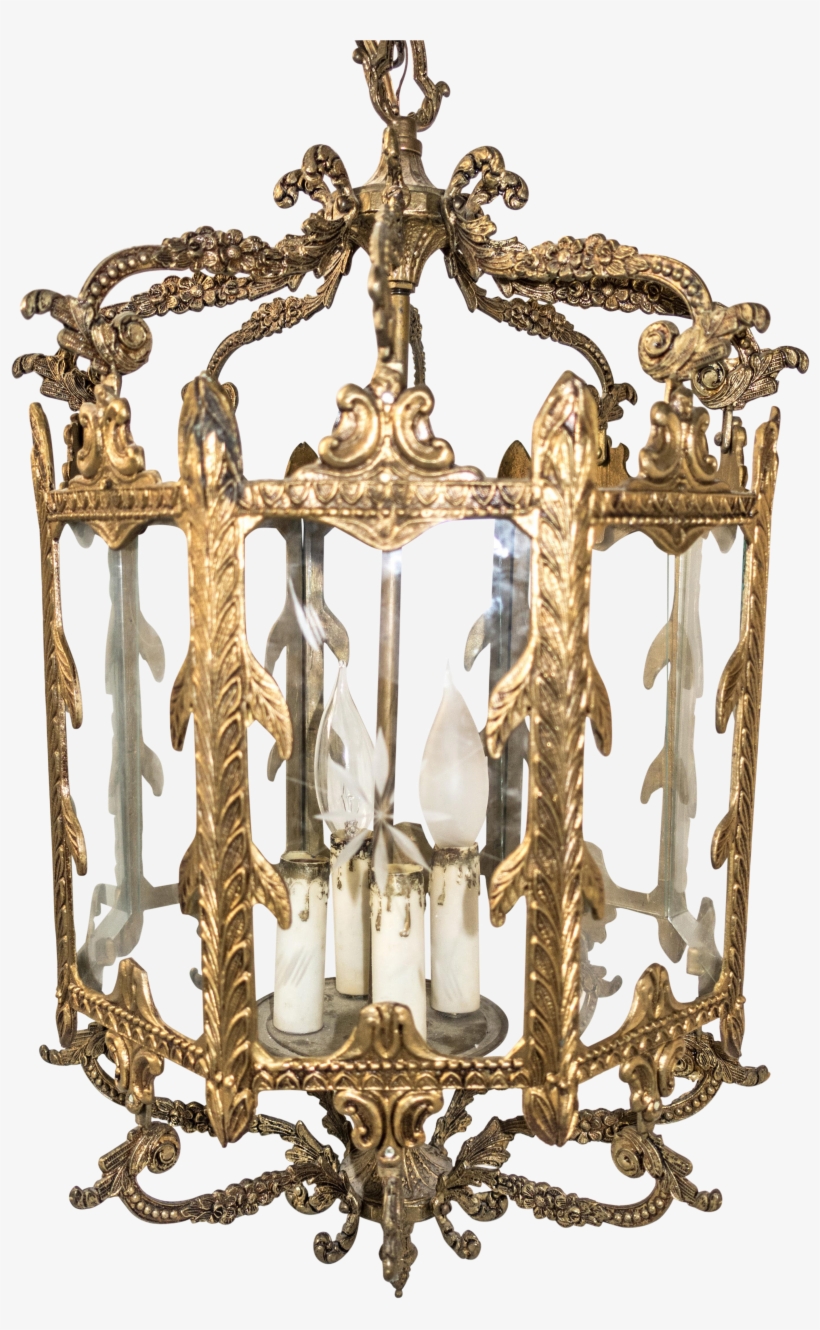 1920s French Brass Hanging Light Center Hall Lantern - Chandelier, transparent png