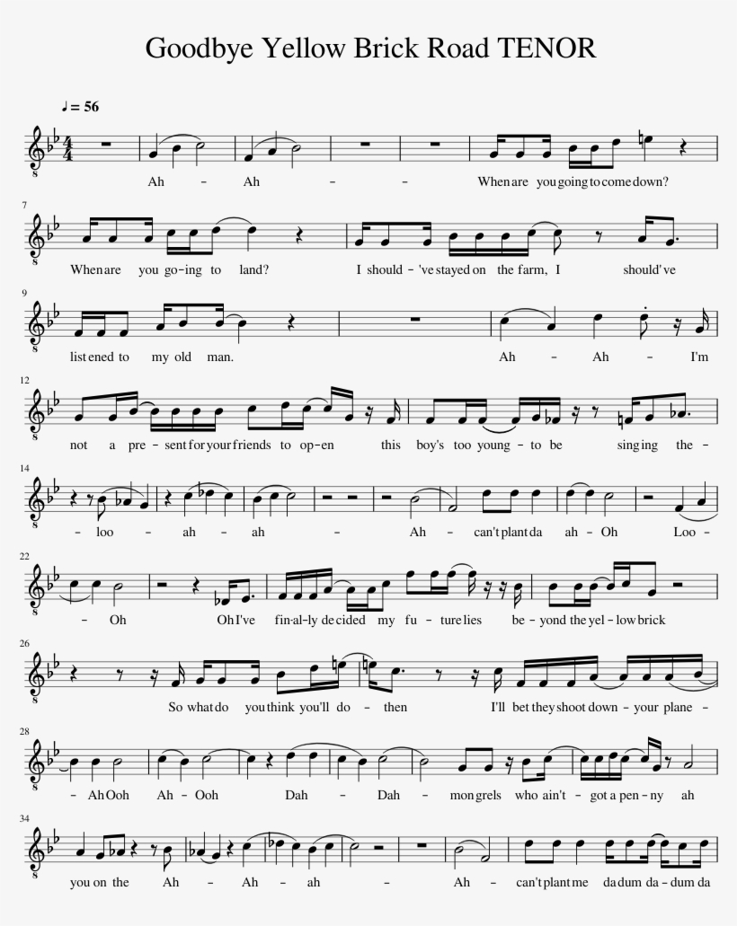 Goodbye Yellow Brick Road Tenor Sheet Music For Voice - Sheet Music, transparent png