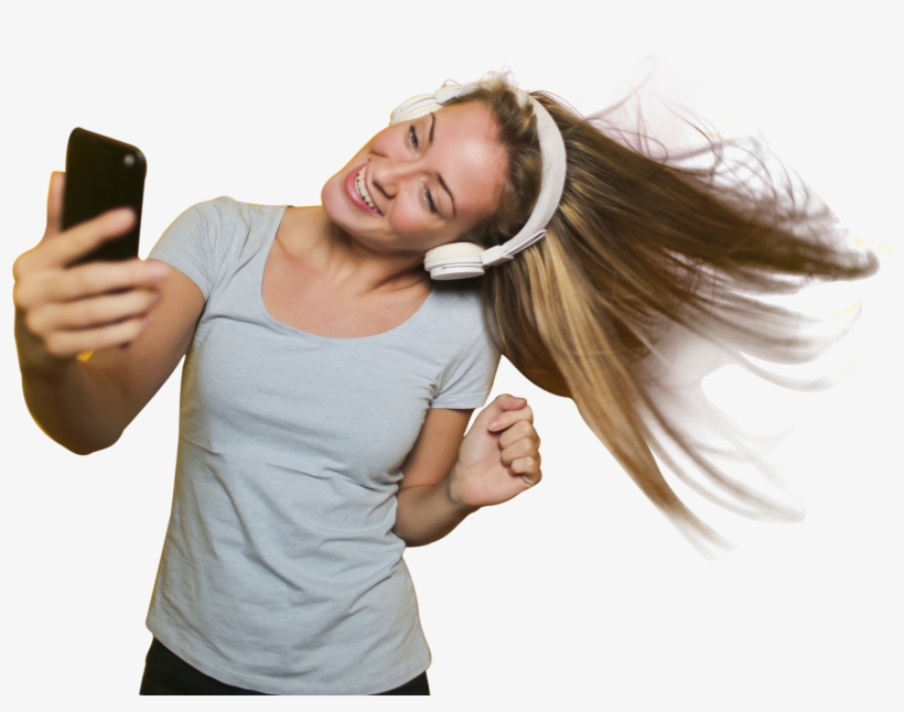 Girl Taking Selfie With Listening Music - Model Wearing Bluetooth Headphones, transparent png