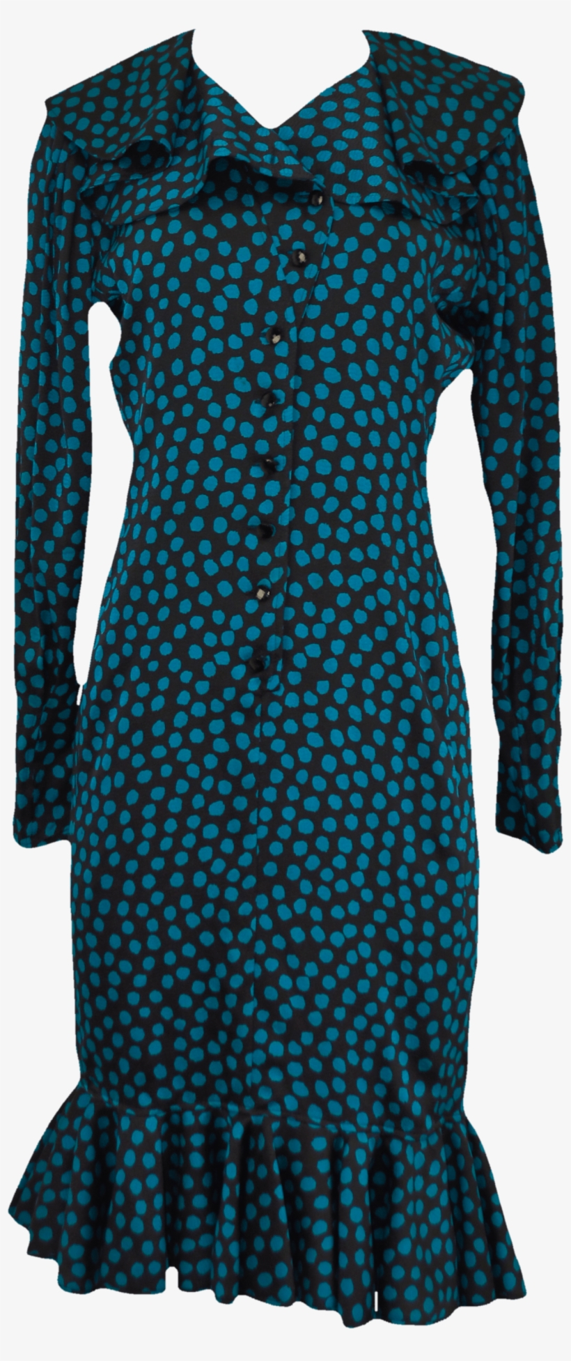 80's Black And Blue Ruffled Polka Dot Button Up Dress - Dress, transparent png