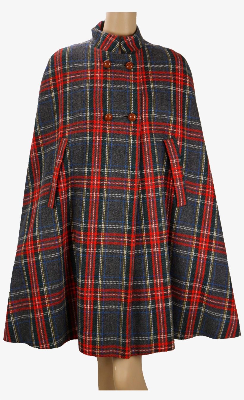 70s Cape Red And Gray Plaid Wool Coat Outerwear At - Plaid, transparent png