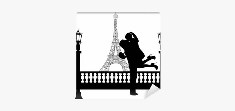 Couple In Love With Flowers In Front Of Eiffel Tower - Silhouette Of Couple Kissing In Paris, transparent png