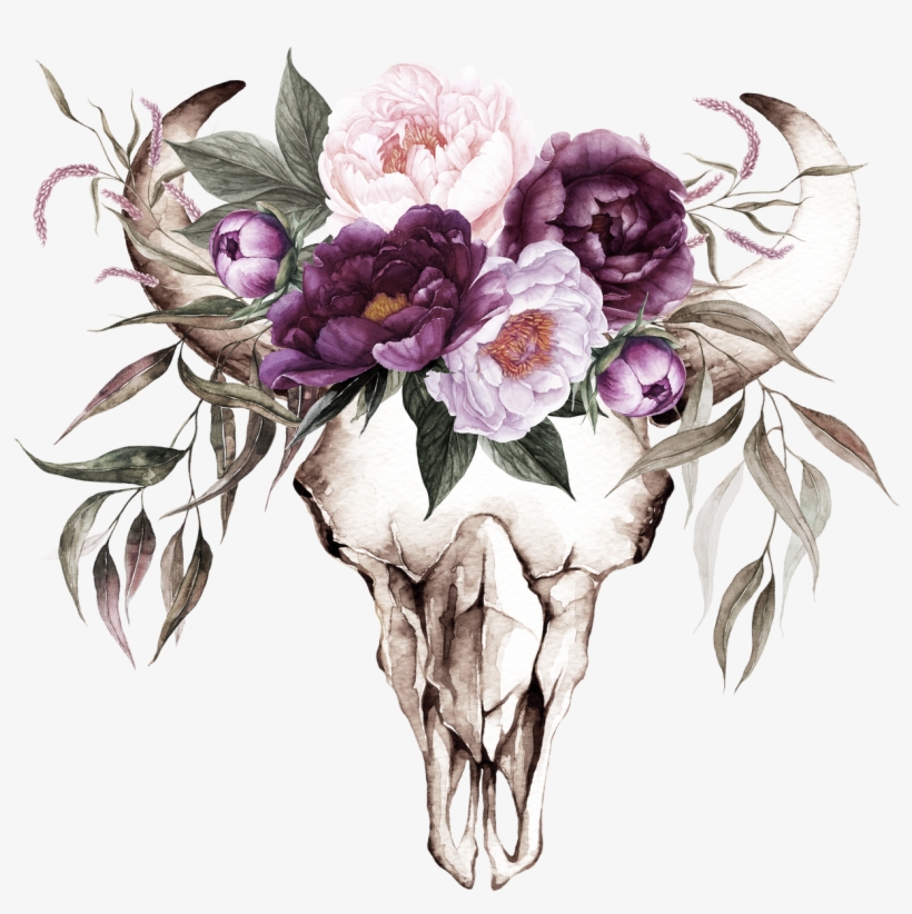 Cow Skull With Purple Flowers Transfer - Plum Color Floral Wedding Invitations, transparent png