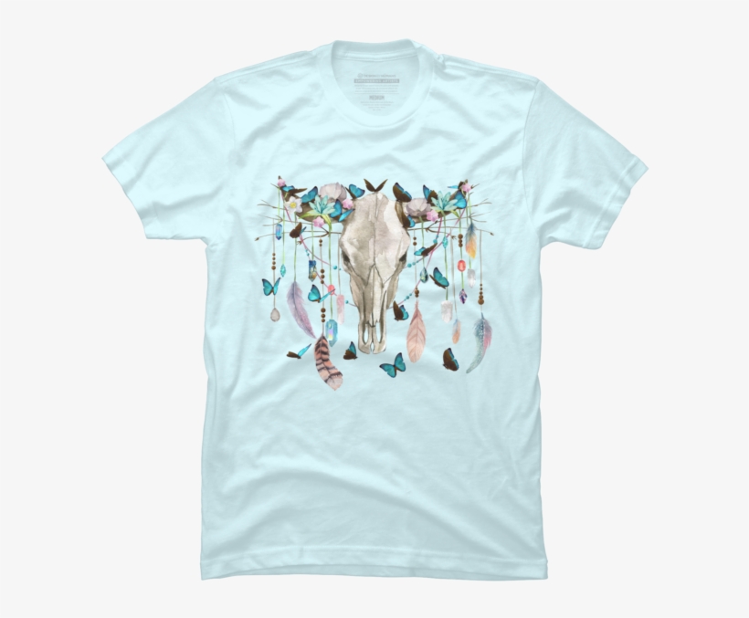 Butterflies Crystals And Flowers On A Cow Skull - T-shirt, transparent png