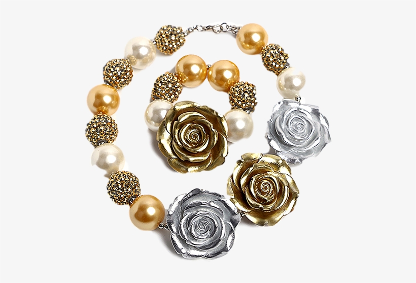 Silver & Gold Rose Necklace & Bracelet Set - Pearl, transparent png