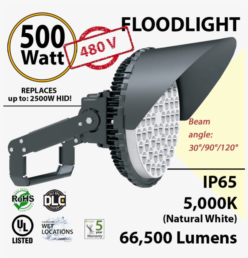 500w Led Stadium Floodlight 480 Volts 66500 Lumens - Ul Listed, transparent png