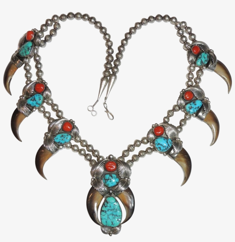 Signed Navajo Bear Claw, Turquoise, Coral Squash Blossom - Squash Blossom Necklace, transparent png