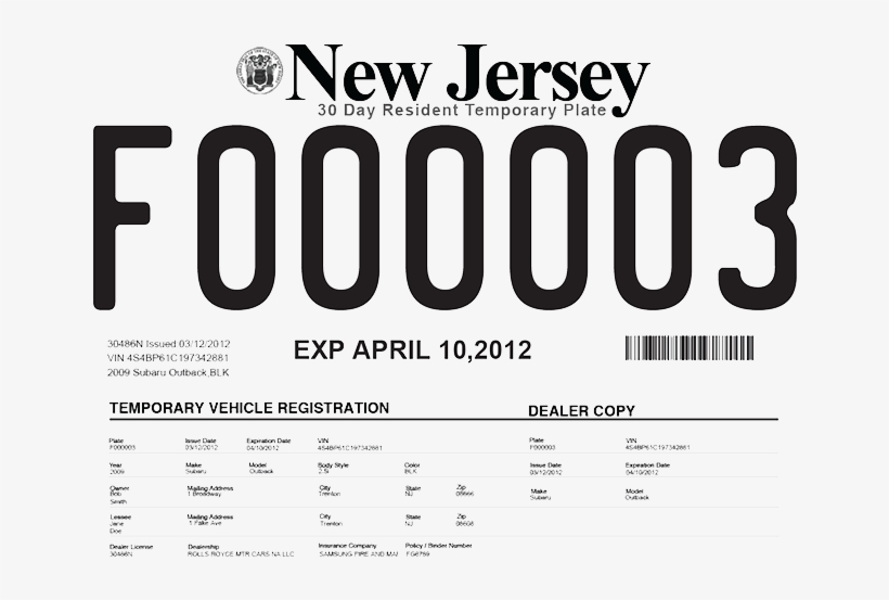 Download Transparent New Jersey Temporary License Plates Graphics