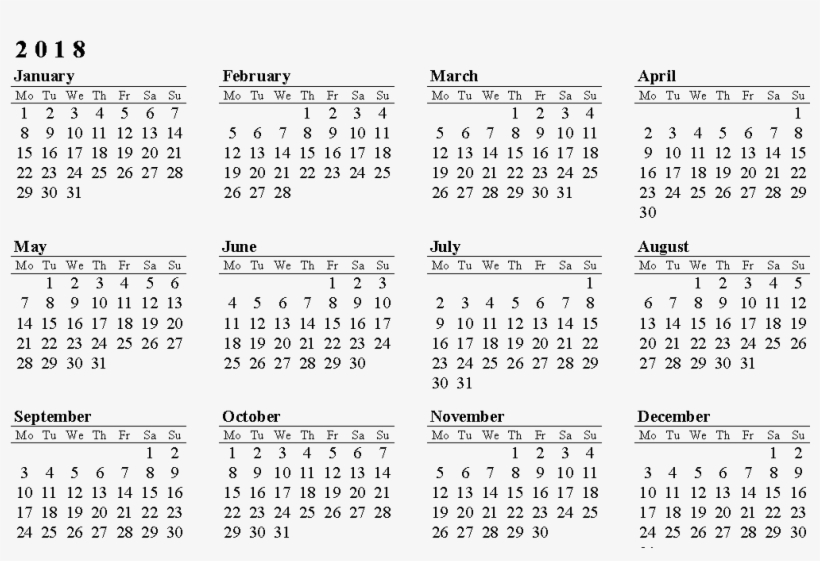 1050 X 665 16 - 12 Month Printable Year Calendar 2018, transparent png