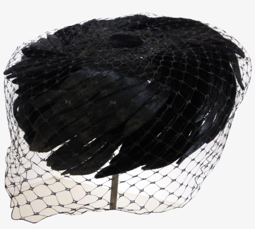 Vintage Black Silk Velvet Feather Pillbox Hat W Veil - Laundry Basket, transparent png