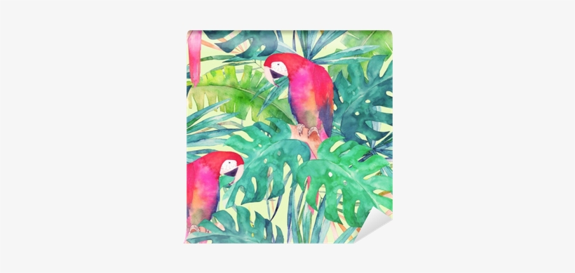 Summer Seamless Pattern With Watercolor Parrot, Palm - Watercolor Painting, transparent png