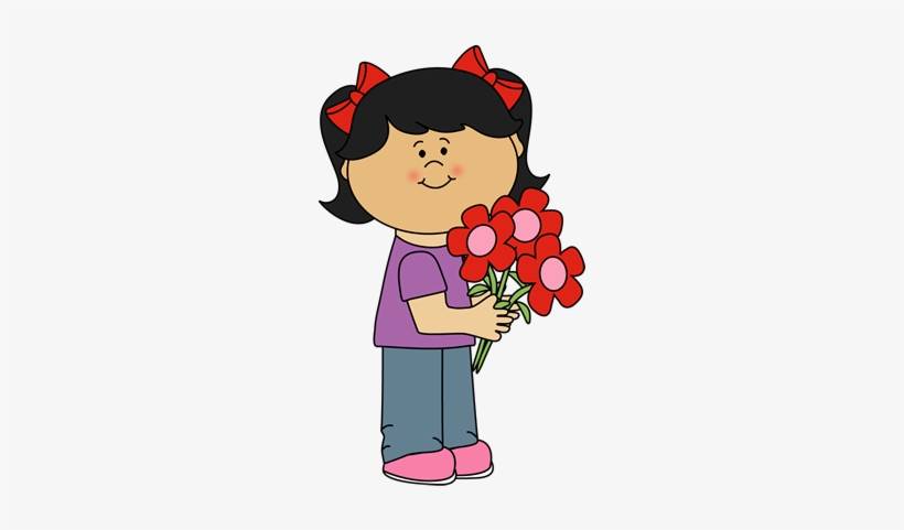 Girl Holding Valentine's Day Flowers Clip Art - Girl With Flowers Clipart, transparent png