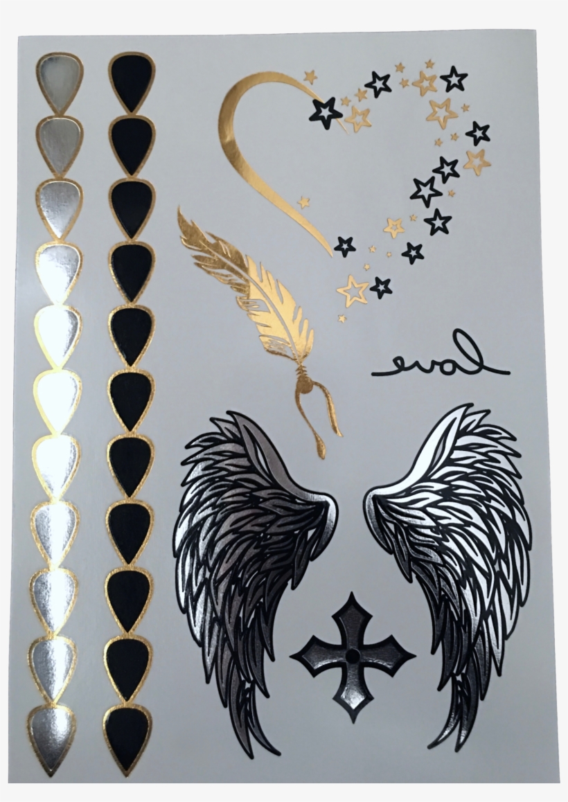 New Metallic Gold Silver And Black Angel Wings Arm - Stars With Angel Wings Tattoos, transparent png