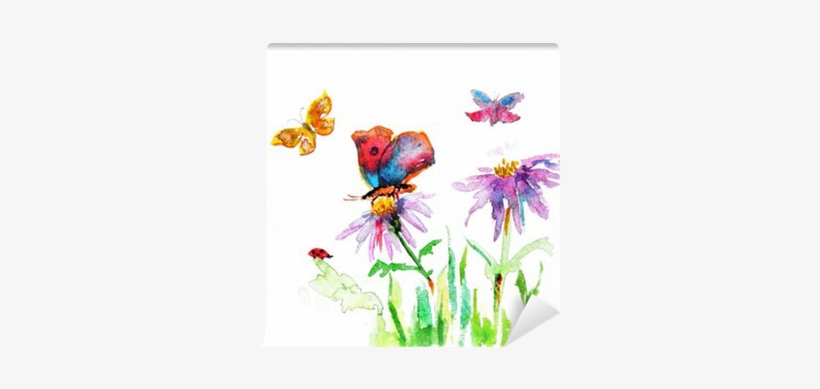 Watercolor Drawing Of A Flower With A Butterfly Wall - Shabby Chic Shower Curtain By Ambesonne, Watercolour, transparent png